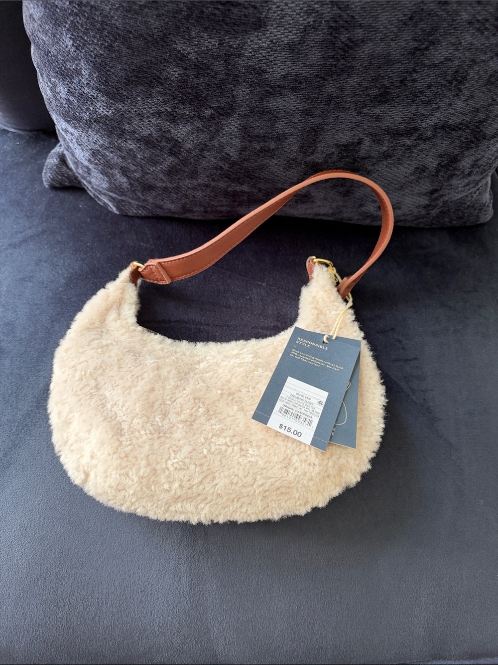Cream Faux-Shearling Shoulder Bag with Brown Strap